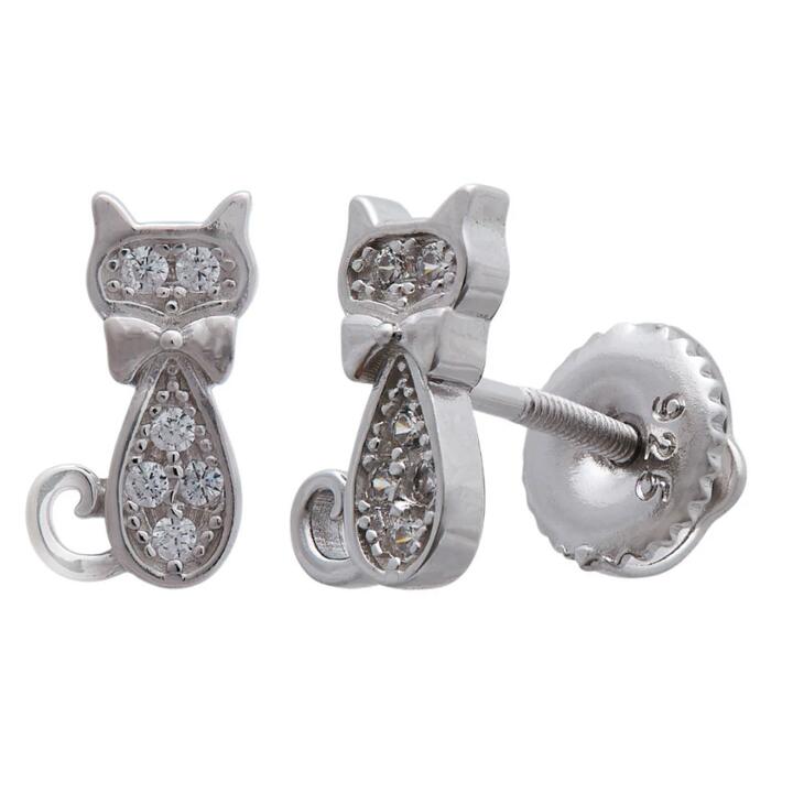 Image of Earrings. Productname: Children's Cat Sterling Silver Stud Earrings in Silver colour by brand - Bevilles