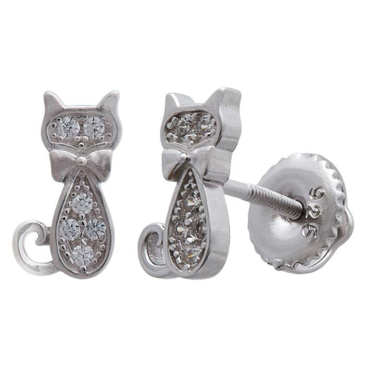 Image of Earrings. Productname: Children's Cat Sterling Silver Stud Earrings in Silver colour by brand - Bevilles