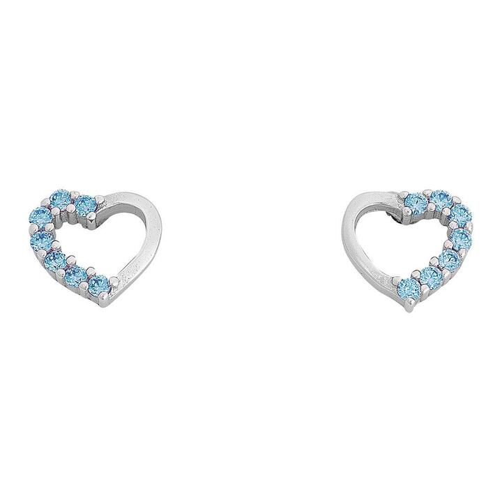 Image of Earrings. Productname: Children's Light Blue Cubic Zirconia Open Heart Stud Earrings in Sterling Silver in Silver colour by brand - Bevilles