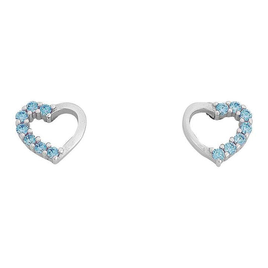 Image of Earrings. Productname: Children's Light Blue Cubic Zirconia Open Heart Stud Earrings in Sterling Silver in Silver colour by brand - Bevilles