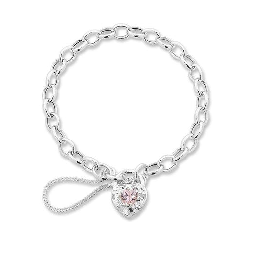 Image of Bracelets. Productname: 15cm Children's Pink Cubic Zirconia Padlock Belcher Bracelet in Sterling Silver in Silver colour by brand - Bevilles