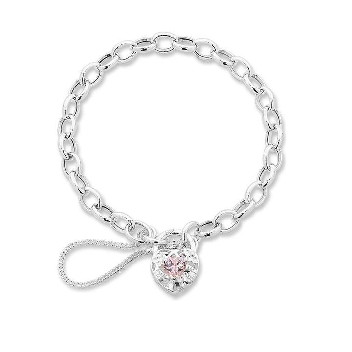 Image of Bracelets. Product name - 15cm Children's Pink Cubic Zirconia Padlock Belcher Bracelet in Sterling Silver in colour by brand - Bevilles