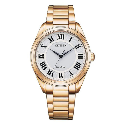 Image of a model wearing Dress. Productname: Citizen Dress Eco-Drive Women's White Watch EM0973-55A in Watch colour by brand - Citizen