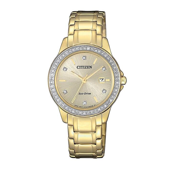 Image of Watches. Productname: Citizen Eco Drive Swarovski Crystal Gold Watch FE1172-55P in Watch colour by brand - Citizen
