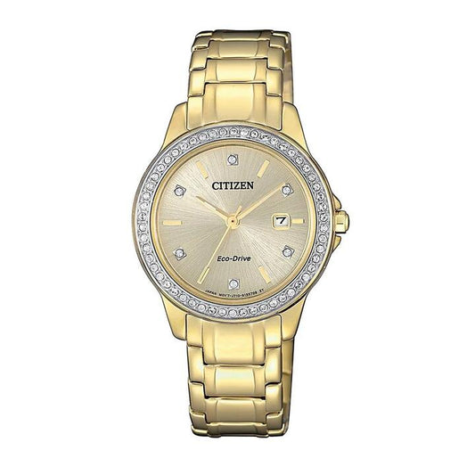 Image of Watches. Productname: Citizen Eco Drive Swarovski Crystal Gold Watch FE1172-55P in Watch colour by brand - Citizen