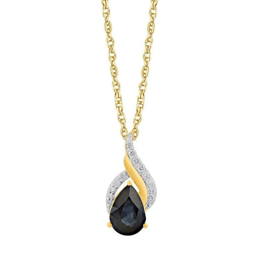 Image of Necklaces. Productname: Diamond Set Pear Sapphire Swirl Necklace in 9kt Yellow Gold in Diamond colour by brand - Bevilles