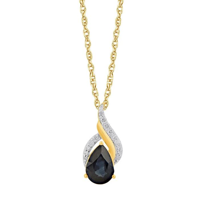 Image of Necklaces. Productname: 45cm Pear Created Sapphire Diamond Set Swirl Necklace in 9kt Yellow Gold in Diamond colour by brand - Bevilles