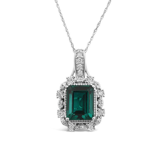 Image of Necklaces. Productname: Created Emerald Necklace with 1/5ct of Diamonds in 9kt White Gold in Diamond colour by brand - Bevilles