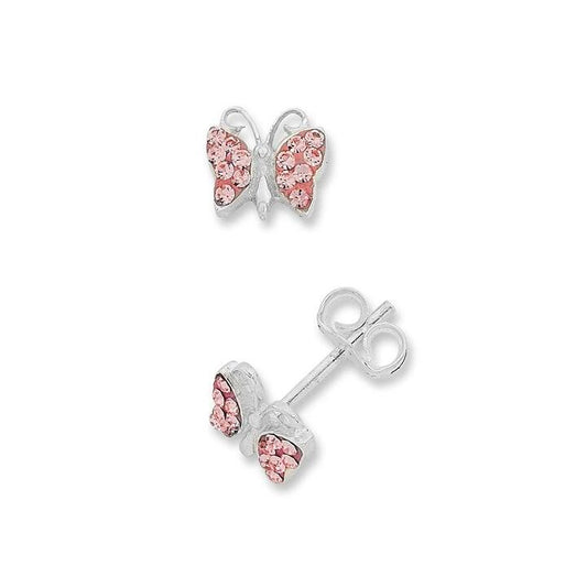 Image of Earrings. Productname: Children's Sterling Silver Pink Crystal Butterfly Stud Earrings in Silver colour by brand - Bevilles