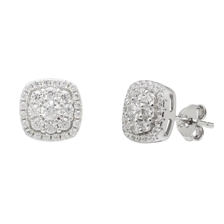 Image of Earrings. Productname: Cubic Zirconia Square Halo Sterling Silver Earrings in Silver colour by brand - Bevilles