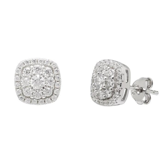 Image of Earrings. Productname: Cubic Zirconia Square Halo Sterling Silver Earrings in Silver colour by brand - Bevilles