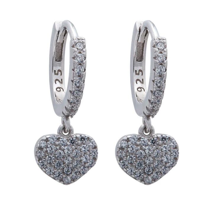 Image of Earrings. Productname: Cubic Zirconia Heart Drop Hoop Earrings in Sterling Silver in Silver colour by brand - Bevilles
