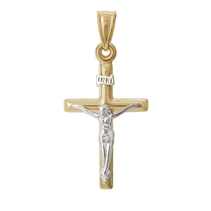 Image of Charms. Productname: Crucifix Cross Pendant in 9kt Two Tone Gold in Gold colour by brand - Bevilles