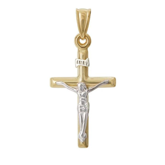 Image of Charms. Productname: Crucifix Cross Pendant in 9kt Two Tone Gold in Gold colour by brand - Bevilles