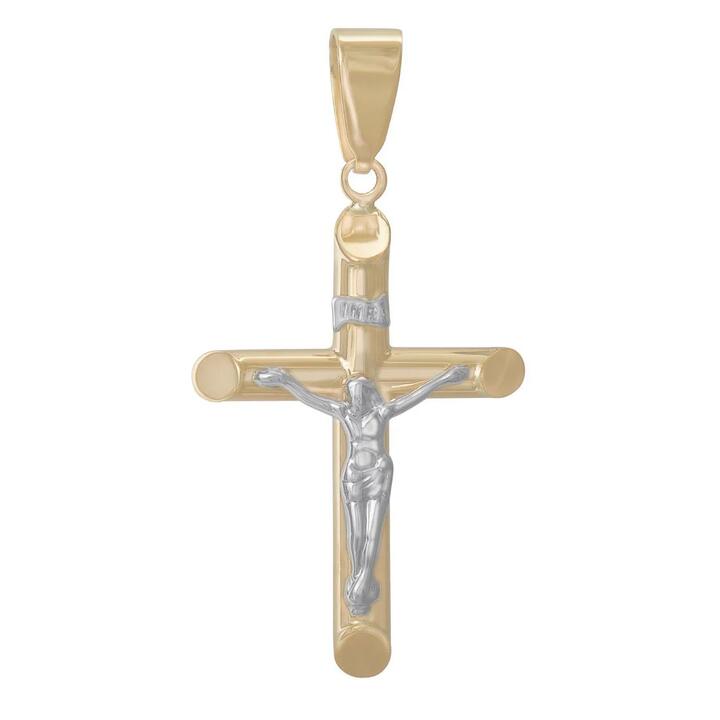 Image of Charms. Productname: Cross Crucifix Pendant in 9kt Two Tone Gold in Gold colour by brand - Bevilles