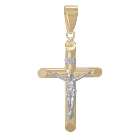 Image of Charms. Productname: Cross Crucifix Pendant in 9kt Two Tone Gold in Gold colour by brand - Bevilles