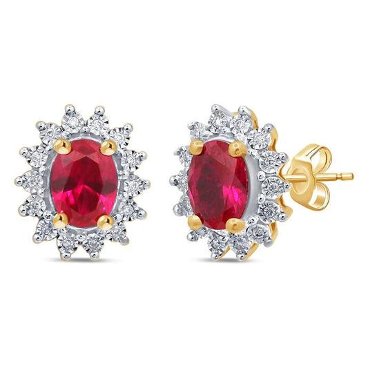 Image of Earrings. Productname: Created Ruby Halo Flower Stud Earrings with 0.10tw of Diamonds in 9kt Yellow Gold in colour by brand - Bevilles