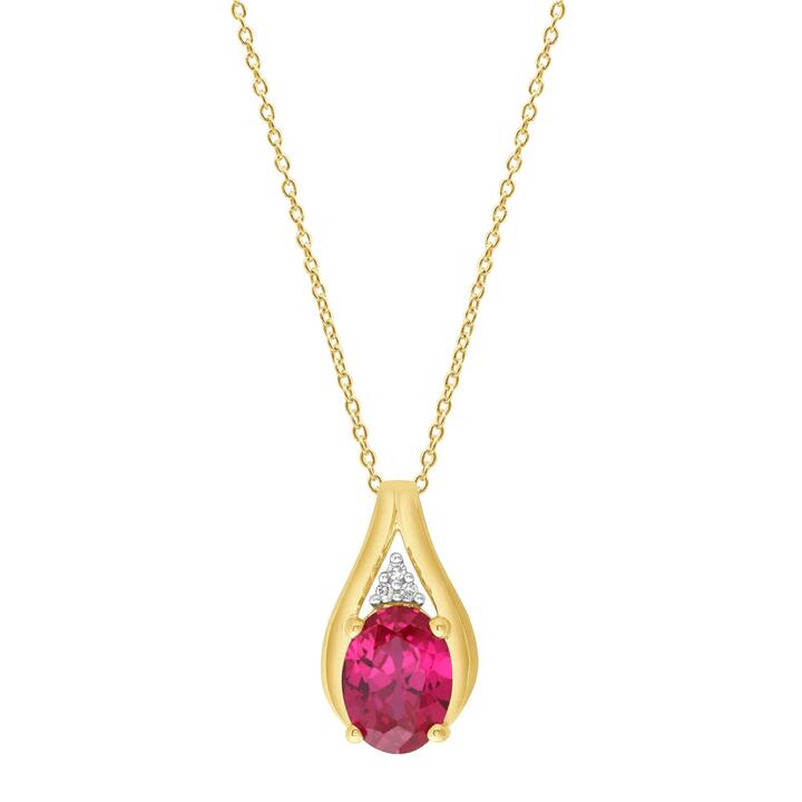Image of Necklaces. Productname: 45cm Oval Created Ruby and Diamond Set Teardrop Necklace in 9kt Yellow Gold in Diamond colour by brand - Bevilles