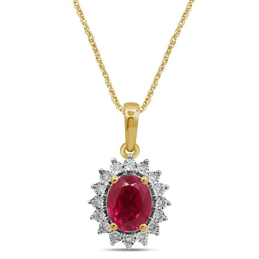 Image of Charms. Productname: 45cm Created Ruby and Diamond Halo Flower Necklace in 9kt Yellow Gold in colour by brand - Bevilles