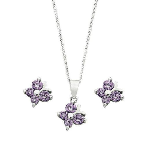 Image of Earrings. Productname: Children's Sterling Silver Purple Butterfly Earring & Necklace Set in Silver colour by brand - Bevilles