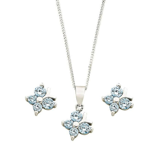 Image of Earrings. Productname: Children's Sterling Silver Blue Butterfly Earring & Necklace Set in Silver colour by brand - Bevilles