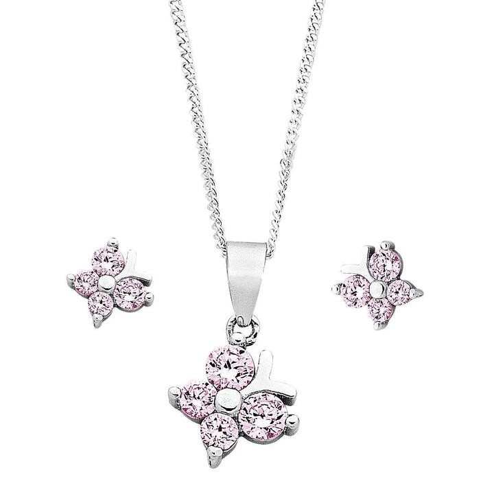 Image of Earrings. Productname: Children's Sterling Silver Pink Butterfly Earring & Necklace Set in Silver colour by brand - Bevilles