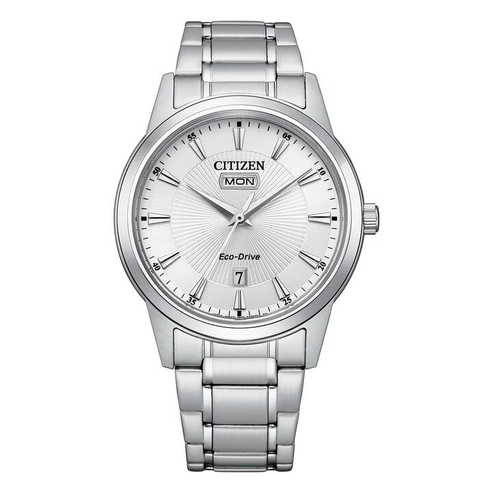 Image of a model wearing Dress. Productname: Citizen Dress Eco-Drive Men's White Watch AW0100-86A in Watch colour by brand - Citizen