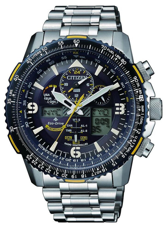 Image of Watches. Productname: CITIZEN PROMASTER PILOTS WATCH BLUE FACE SILVER BAND in Watch colour by brand - Citizen