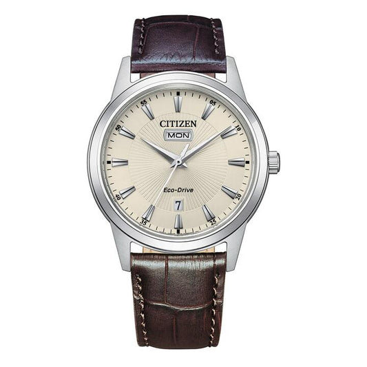 Image of a model wearing Dress. Productname: Citizen Dress Eco-Drive Men's White Watch AW0100-19A in Watch colour by brand - Citizen