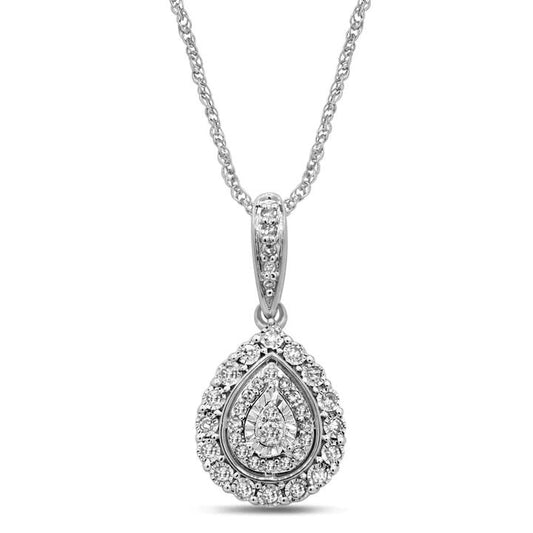 Image of Necklaces. Productname: Double Pear Halo Necklace with 1/5ct of Diamonds in 9kt White Gold in Diamond colour by brand - Bevilles