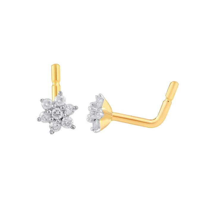 Image of Rings. Productname: Diamond Set Flower Nose Ring Pin in 9kt Yellow Gold in Diamond colour by brand - Bevilles
