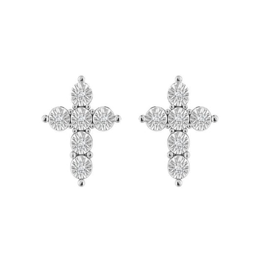 Image of Earrings. Productname: Diamond Cross Stud Earrings in Sterling Silver in Diamond colour by brand - Bevilles