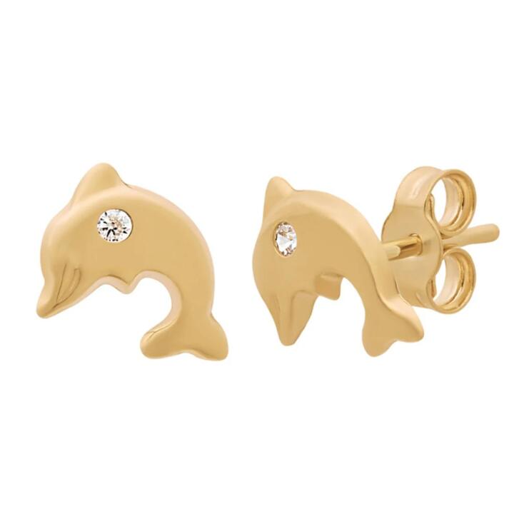 Image of Earrings. Product name - Cubic Zirconia Dolphin Stud Earrings in 9kt Yellow Gold in colour by brand - Bevilles