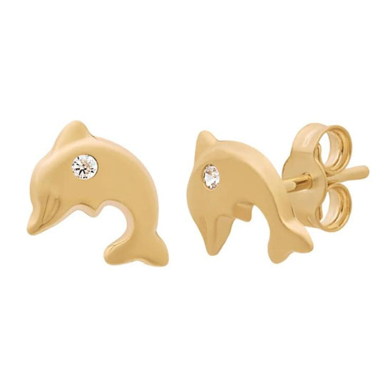 Image of Earrings. Product name - Cubic Zirconia Dolphin Stud Earrings in 9kt Yellow Gold in colour by brand - Bevilles