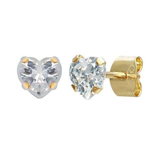 Image of Earrings. Productname: 5mm Cubic Zirconia Heart Stud Earrings in 9kt Yellow Gold in colour by brand - Bevilles