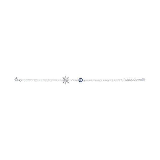 Image of Bracelets. Product name - 19cm Cubic Zirconia Evil Eye and Eight Point Star Bracelet in Sterling Silver in colour by brand - Bevilles