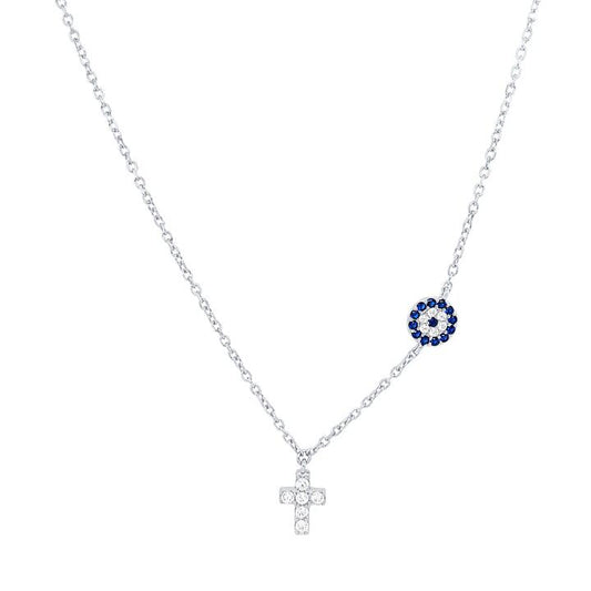Image of Charms. Product name - 45cm Cross and Evil Eye Cubic Zirconia Necklace in Sterling Silver in colour by brand - Bevilles