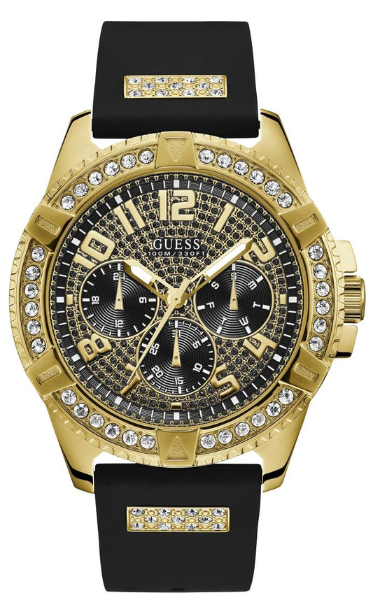 Image of Watches. Productname: Guess Frontier Crystal Gold & Black Silicone Men's Watch W1132G1 in Watch colour by brand - Guess