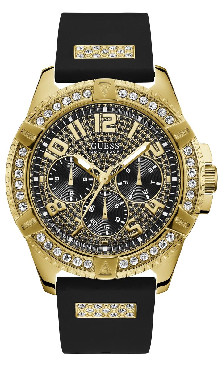 Image of Watches. Product name - Guess Frontier Crystal Gold and Black Silicone Men's Watch W1132G1 in colour by brand - Guess