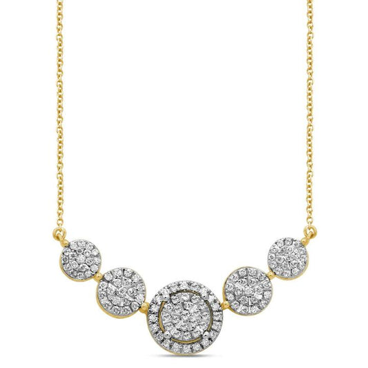 Image of Necklaces. Productname: Halo 5 Station Necklace with 1/2ct of Diamonds in 9kt Yellow Gold in Diamond colour by brand - Bevilles
