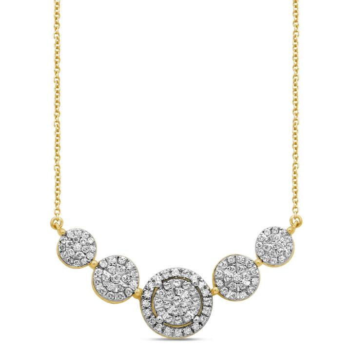 Image of Necklaces. Productname: 45cm Halo 5 Station Necklace with 0.50tw of Diamonds in 9kt Yellow Gold in Diamond colour by brand - Bevilles