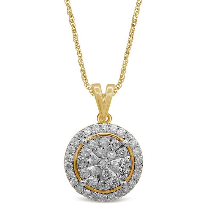 Image of Necklaces. Productname: Brilliant Illusion Solitaire Look Necklace with 1.00ct of Diamonds in 9kt Yellow Gold in Diamond colour by brand - Bevilles