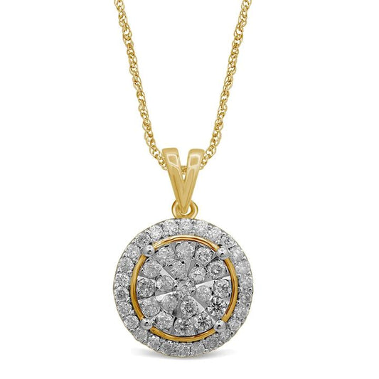 Image of Necklaces. Productname: Brilliant Illusion Solitaire Look Necklace with 1.00tw of Diamonds in 9kt Yellow Gold in Diamond colour by brand - Bevilles