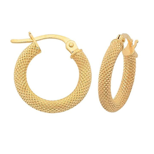 Image of Earrings. Productname: Fancy Mesh 10mm Hoop Earrings in 9kt Yellow Gold in Gold colour by brand - Bevilles