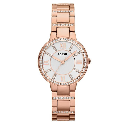 Image of Watches. Product name - Fossil Virginia Rose Gold Tone Stone Set Watch in colour by brand - Fossil