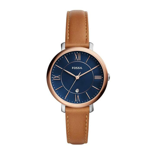 Image of Watches. Productname: Fossil Ladies Jacqueline Blue Face Rose Gold Case Brown Leather Band Model ES4274 in Watch colour by brand - Fossil