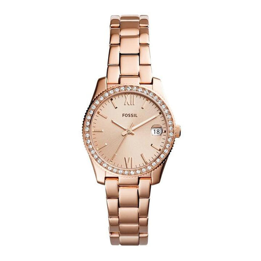Image of Watches. Productname: Fossil Ladies Scarlette Rose Gold Case Stone Set Dial Model ES4318 in Watch colour by brand - Fossil