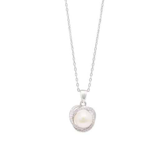 Image of Charms. Productname: 45cm Freshwater Pearl and Cubic Zirconia Halo Swirl Necklace in Sterling Silver in colour by brand - Bevilles