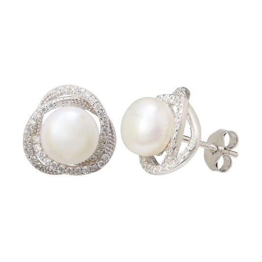 Image of Earrings. Productname: Freshwater Pearl & Cubic Zirconia Halo Swirl Earrings in Sterling Silver in Silver colour by brand - Bevilles
