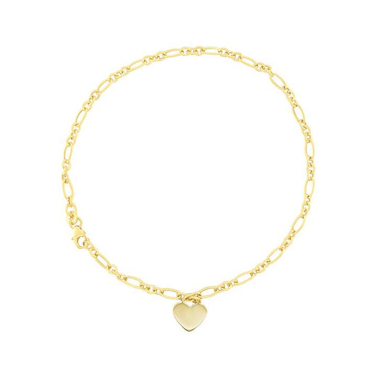 Image of Anklets. Productname: 27cm Heart Charm Figaro Anklet in 9kt Yellow Bonded Gold in Gold colour by brand - Bevilles